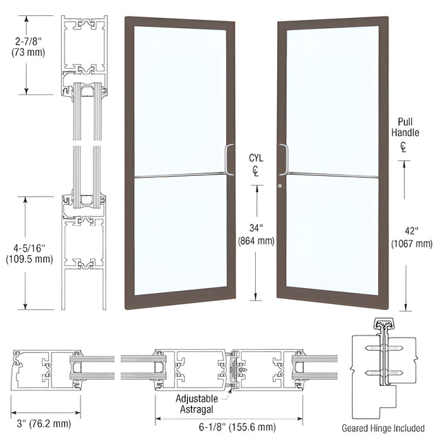 CRL-U.S. Aluminum Dark Bronze/Black Anodized Class 1 Custom Pair Series 250T Narrow Stile Geared Hinge Thermal Entrance Doors for Surface Mount Door Closers