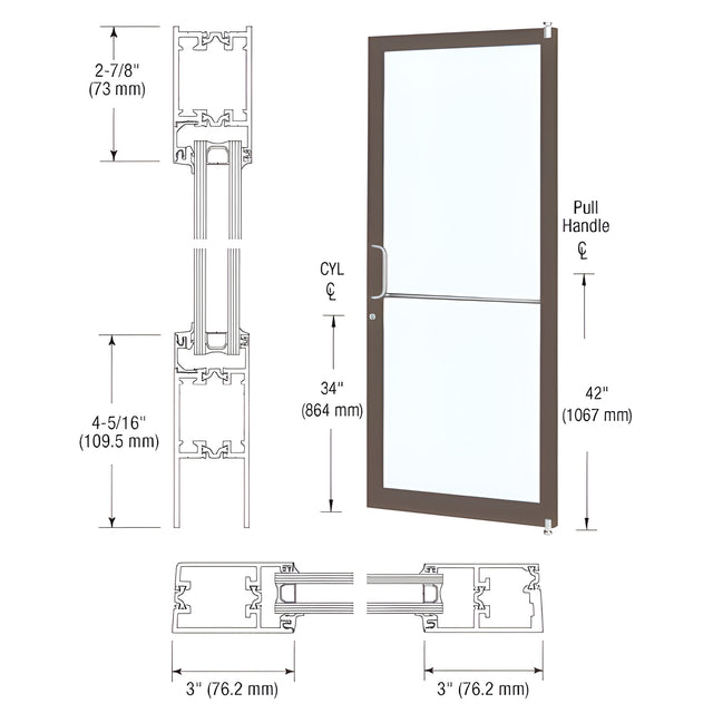 CRL-U.S. Aluminum Dark Bronze/Black Anodized Class 1 Custom Single Series 250T Narrow Stile Offset Pivot Thermal Entrance Door for Surface Mount Door Closer