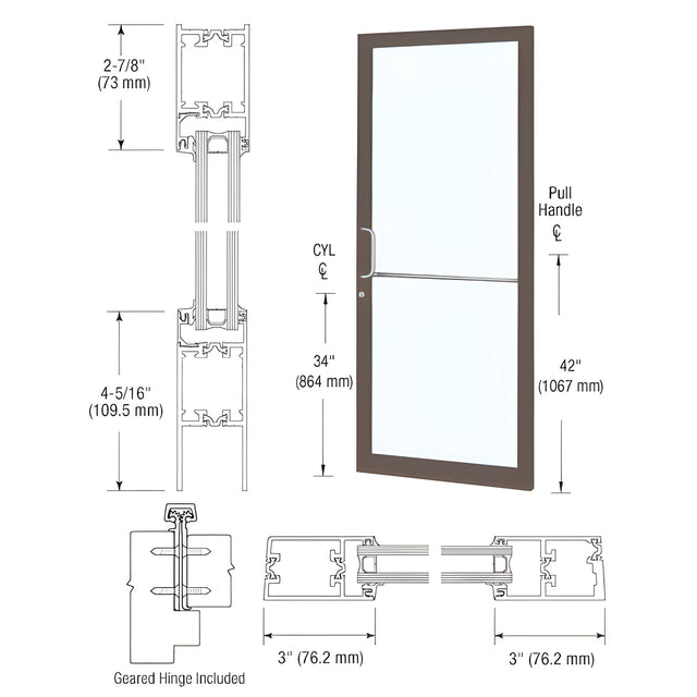 CRL-U.S. Aluminum Dark Bronze/Black Anodized Class 1 Custom Single Series 250T Narrow Stile Geared Hinge Thermal Entrance Door for Surface Mount Door Closer