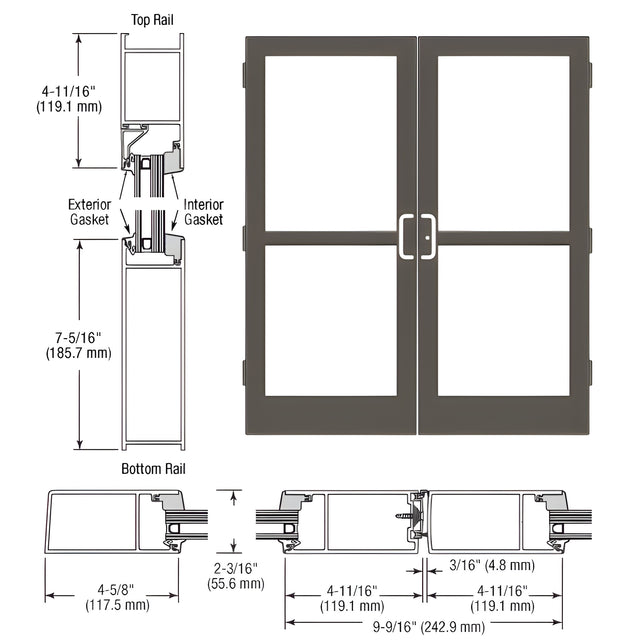 CRL-U.S. Aluminum Dark Bronze/Black Anodized Class 1 StormFront™ Series Custom Pair Butt Hinge Entrance Doors for Panics and Surface Mount Door Closers