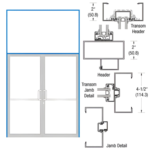 CRL-U.S. Aluminum Dark Bronze/Black Anodized Class 1 Transom Double Door Frame 2" x 4-1/2" Prepped for Offset Pivot Overhead Concealed 105º Closer