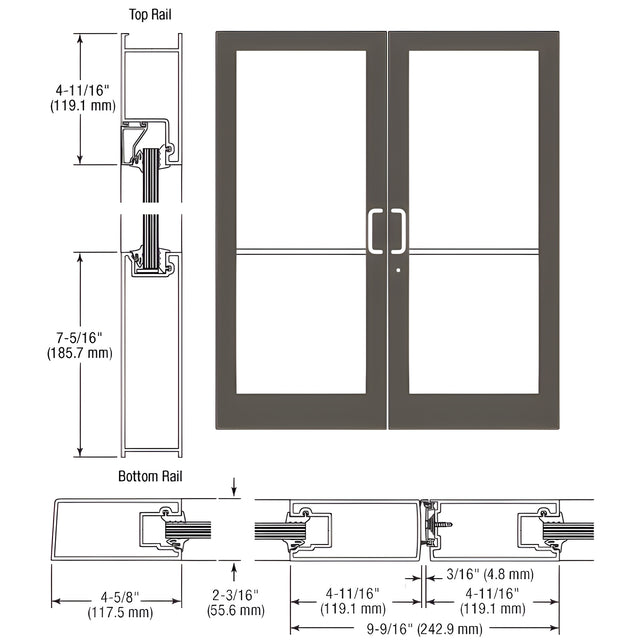 CRL-U.S. Aluminum IG500 Series Dark Bronze/Black Anodized Class 1 Custom Pair StormFront™ Butt Hinged Entrance Doors for Surface Mount Door Closers