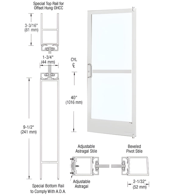 CRL-U.S. Aluminum White KYNAR® Paint 250 Series Narrow Stile Active Leaf of Pair Offset Hung with Offset Pivots for OHCC 105 Degree Closer Complete Panic Door with Std. Panic and 9-1/2" Bottom Rail