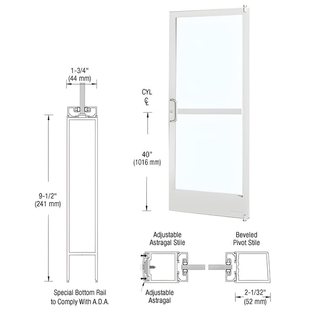 CRL-U.S. Aluminum White KYNAR® Paint 250 Series Narrow Stile Active Leaf of Pair 3'0 x 7'0 Offset Hung with Pivots for Surface Mount Closer Complete Panic Door with Standard Panic and 9-1/2" Bottom Rail