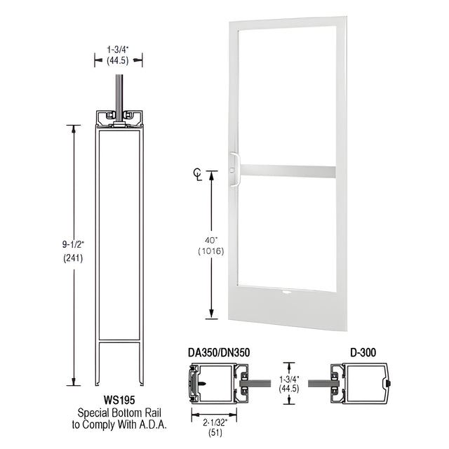 CRL-U.S. Aluminum White KYNAR® Paint 250 Series Narrow Stile Active Leaf of Pair 3'0 x 7'0 Center Hung for OHCC with Standard Push Bars Complete Panic Door with Standard Panic and 9-1/2" Bottom Rail