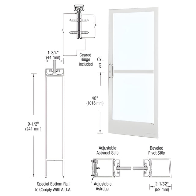 CRL-U.S. Aluminum White KYNAR® Paint 250 Series Narrow Stile Active Leaf of Pair 3'0 x 7'0 Offset Hung with Geared Hinged Complete Panic Door with Standard Panic and 9-1/2" Bottom Rail