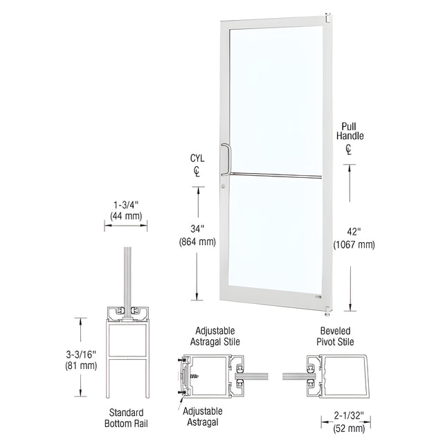 CRL-U.S. Aluminum White KYNAR® Paint 250 Series Narrow Stile Active Leaf of Pair 3'0 x 7'0 Offset Hung with Pivots for Surf Mount Closer Complete Door Std. MS Lock & Bottom Rail
