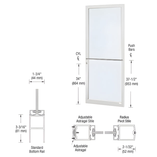 CRL-U.S. Aluminum White KYNAR® Paint 250 Series Narrow Stile Active Leaf of Pair 3'0 x 7'0 Center Hung for OHCC w/Standard Push Bars Complete Door Std. MS Lock & Bottom Rail