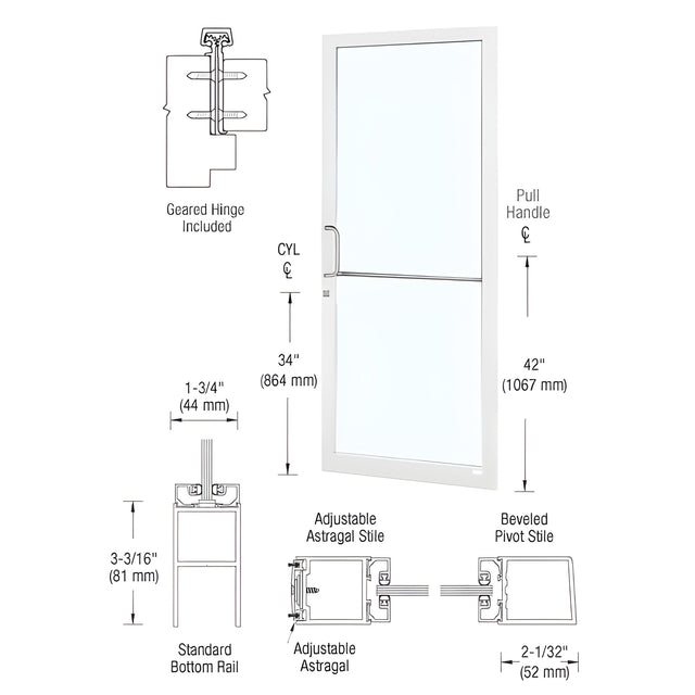 CRL-U.S. Aluminum White KYNAR® Paint 250 Series Narrow Stile Active Leaf of Pair 3'0 x 7'0 Offset Hung with Geared Hinged Complete Door Std. MS Lock & Bottom Rail