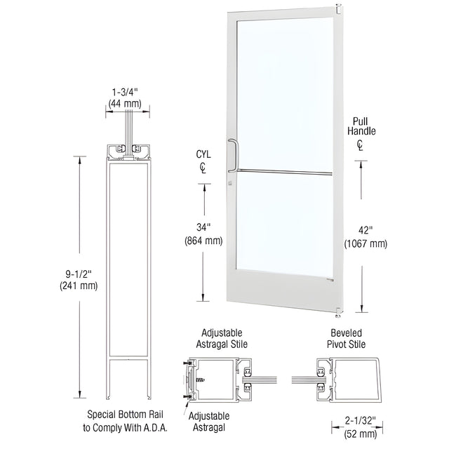 CRL-U.S. Aluminum White KYNAR® Paint 250 Series Narrow Stile Active Leaf of Pair 3'0 x 7'0 Offset Hung with Pivots for Surf Mount Closer Complete Door Std. Lock and 9-1/2" Bottom Rail
