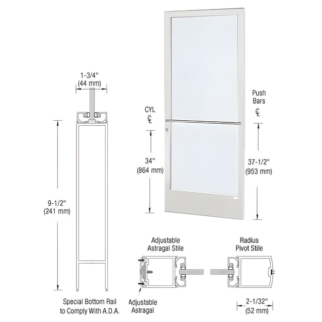 CRL-U.S. Aluminum White KYNAR® Paint 250 Series Narrow Stile Active Leaf of Pair 3'0 x 7'0 Center Hung for OHCC w/Standard Push Bars Complete Door Std. Lock and 9-1/2" Bottom Rail