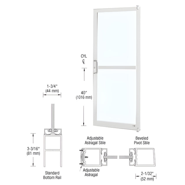 CRL-U.S. Aluminum White KYNAR® Paint 250 Series Narrow Stile Active Leaf of Pair 3'0 x 7'0 Offset Hung with Pivots for Surf Mount Closer Complete Panic Door with Std. Panic and Bottom Rail