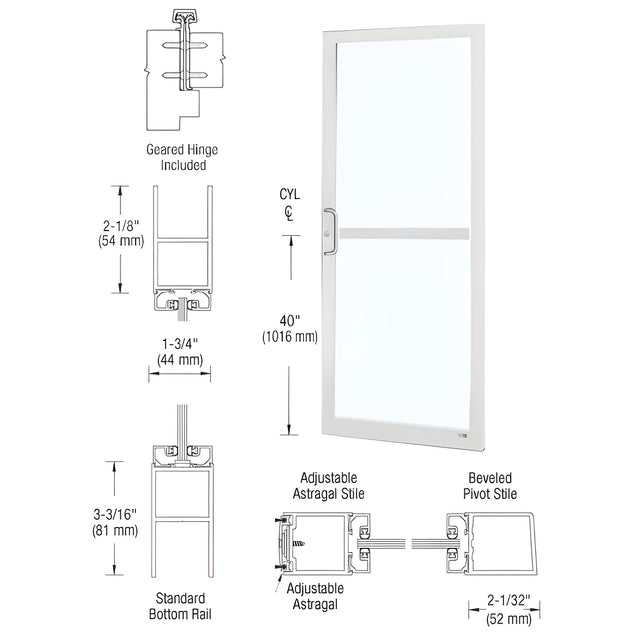 CRL-U.S. Aluminum White KYNAR® Paint 250 Series Narrow Stile Active Leaf of Pair 3'0 x 7'0 Offset Hung with Geared Hinged Complete Panic Door with Std. Panic and Bottom Rail