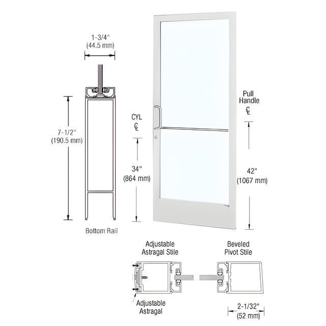 CRL-U.S. Aluminum White KYNAR® Paint 250 Series Narrow Stile Active Leaf of Pair 3'0 x 7'0 Offset Hung with Pivots for Surf Mount Closer Complete Door / Std. MS Lock, 7-1/2" Standard Bottom Rail -