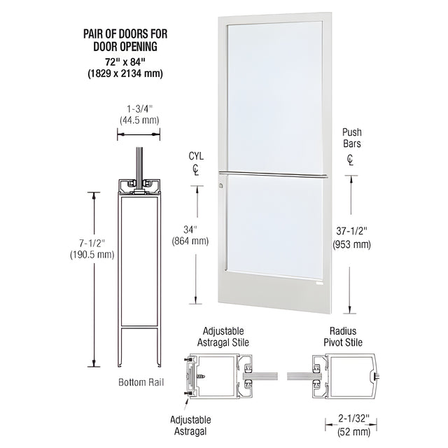 CRL-U.S. Aluminum White KYNAR® Paint 250 Series Narrow Stile Active Leaf of Pair 3'0 x 7'0 Center Hung for OHCC w/Standard Push Bars Complete Door/Std. MS Lock, 7-1/2" Std. Bottom Rail