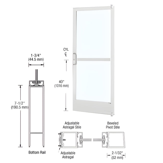 CRL-U.S. Aluminum White KYNAR® Paint 250 Series Narrow Stile Active Leaf of Pair 3'0 x 7'0 Offset Hung with Pivots for Surf Mount Closer Complete Panic Door with Std. Panic and 7-1/2" Bottom Rail