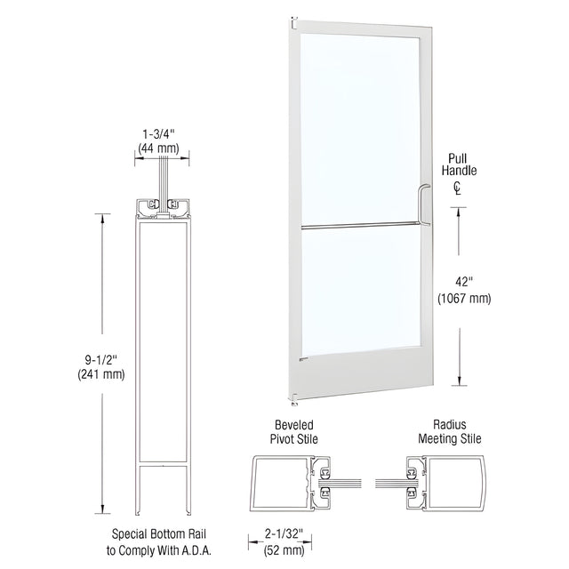 CRL-U.S. Aluminum White KYNAR® Paint 250 Series Narrow Stile Inactive Leaf of Pair 3'0 x 7'0 Offset Hung with Pivots for Surface Mount Closer Complete ADA Door with Lock Indicator, Cylinder Guard - for 1/4" Glazing