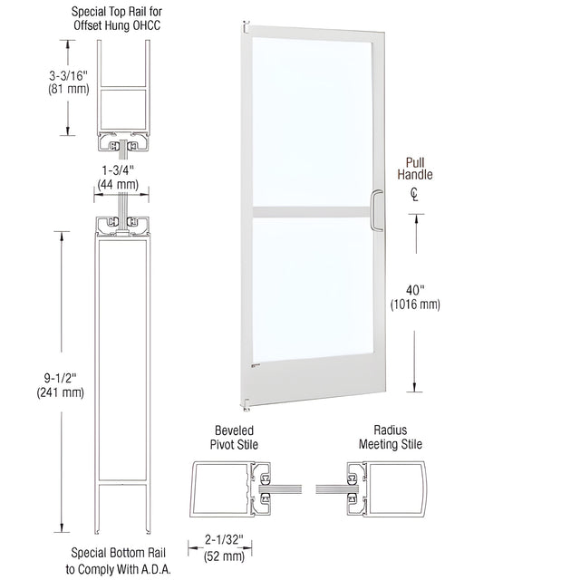 CRL-U.S. Aluminum White KYNAR® Paint 250 Series Narrow Stile Inactive Leaf of Pair Offset Hung with Offset Pivots for OHCC 105 Degree Closer Complete Panic Door with Standard Panic and 9-1/2" Bottom Rail