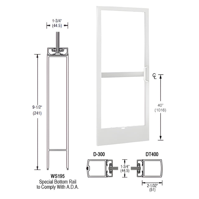 CRL-U.S. Aluminum White KYNAR® Paint 250 Series Narrow Stile Inactive Leaf of Pair 3'0 x 7'0 Center Hung for OHCC with Standard Push Bars Complete Panic Door with Standard Panic and 9-1/2" Bottom Rail