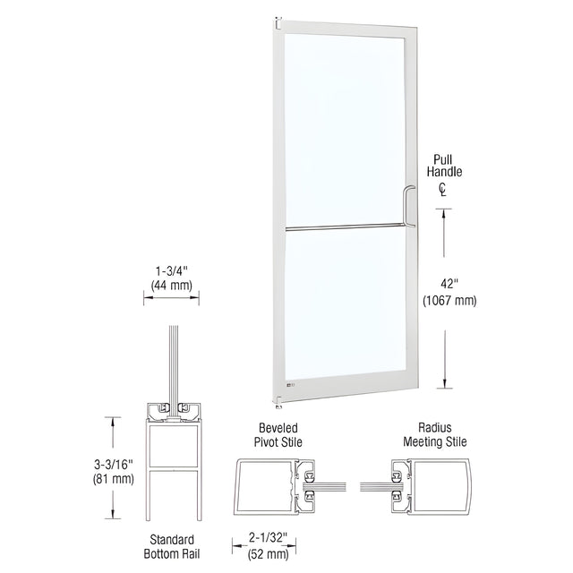 CRL-U.S. Aluminum White KYNAR® Paint 250 Series Narrow Stile Inactive Leaf of Pair 3'0 x 7'0 Offset Hung with Pivots for Surf Mount Closer Complete Door Std. MS Lock & Bottom Rail