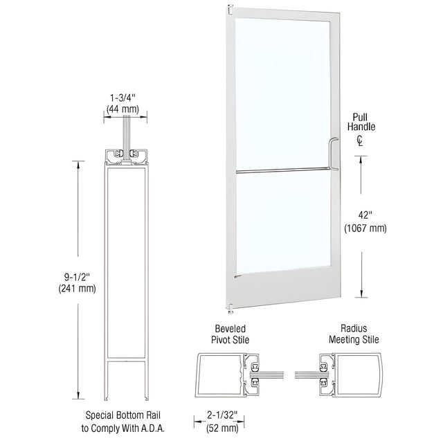 CRL-U.S. Aluminum White KYNAR® Paint 250 Series Narrow Stile Inactive Leaf of Pair 3'0 x 7'0 Offset Hung with Pivots for Surf Mount Closer Complete Door Std. Lock & 9-1/2" Bottom Rail