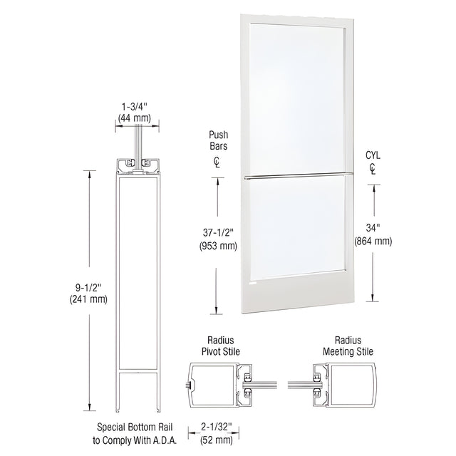 CRL-U.S. Aluminum White KYNAR® Paint 250 Series Narrow Stile Inactive Leaf of Pair 3'0 x 7'0 Center Hung for OHCC w/Standard Push Bars Complete Door Std. Lock and 9-1/2" Bottom Rail