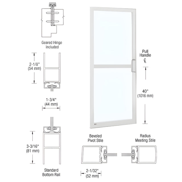 CRL-U.S. Aluminum White KYNAR® Paint 250 Series Narrow Stile Inactive Leaf of Pair 3'0 x 7'0 Offset Hung with Geared Hinged Complete Panic Door with Std. Panic and Bottom Rail