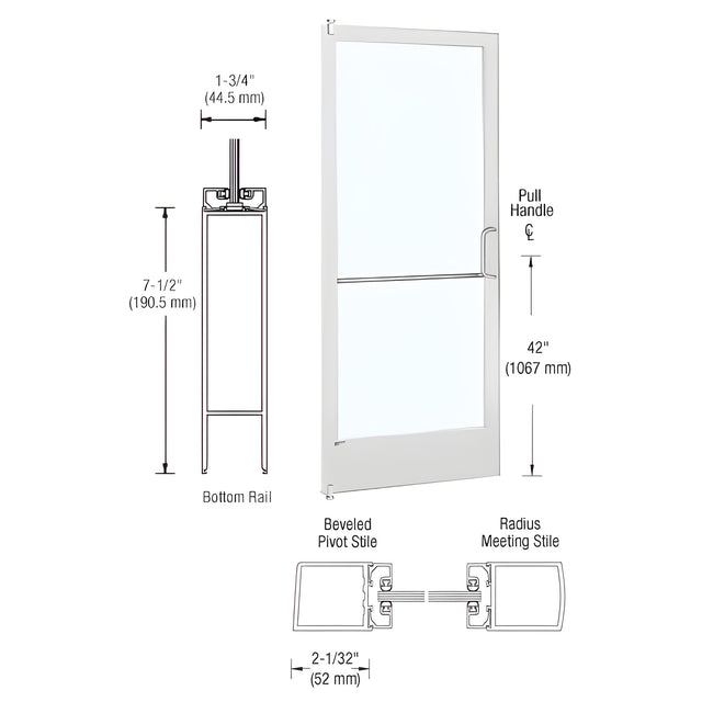 CRL-U.S. Aluminum White KYNAR® Paint 250 Series Narrow Stile Inactive Leaf of Pair 3'0 x 7'0 Offset Hung with Pivots for Surf Mount Closer Complete Door/Std. MS Lock, 7-1/2" Standard Bottom Rail