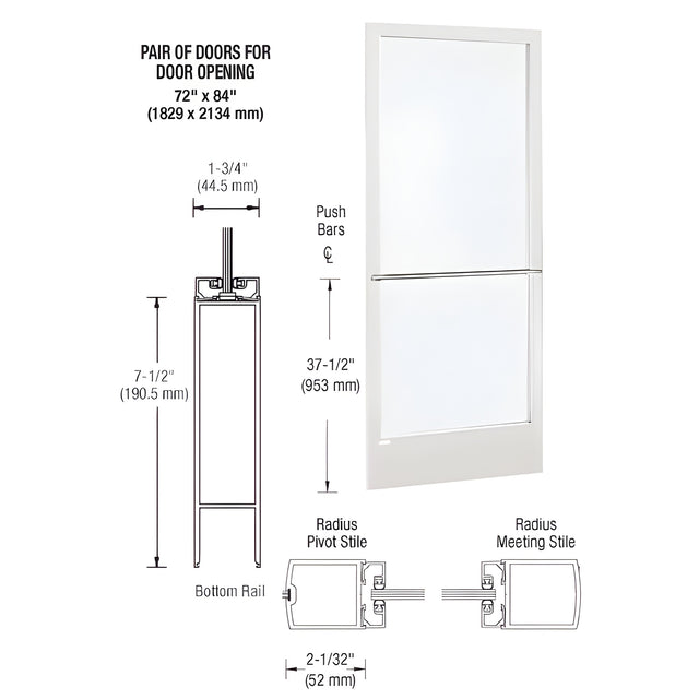 CRL-U.S. Aluminum White KYNAR® Paint 250 Series Narrow Stile Inactive Leaf of Pair 3'0 x 7'0 Center Hung for OHCC w/Standard Push Bars Complete Door/Std. MS Lock, 7-1/2" Std. Bottom Rail