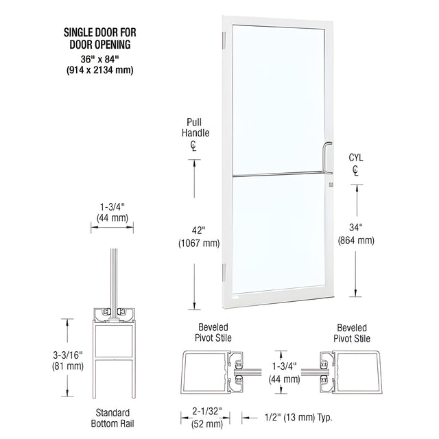 CRL-U.S. Aluminum White KYNAR® Paint 250 Series Narrow Stile (LHR) HLSO Single 3'0 x 7'0 Offset Hung with Butt Hinges for Surf Mount Closer Complete Door for 1" Glass with Standard MS Lock and Bottom Rail
