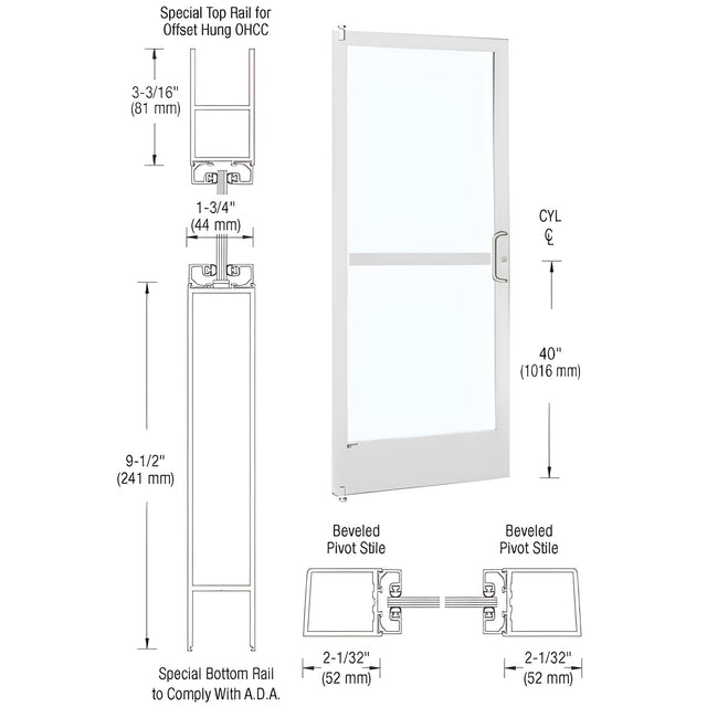 CRL-U.S. Aluminum White KYNAR® Paint 250 Series Narrow Stile (LHR) HLSO Single 3'0 x 7'0 Offset Hung with Offset Pivots for OHCC 105 Degree Closer Complete Panic Door with Standard Panic and 9-1/2" Bottom Rail