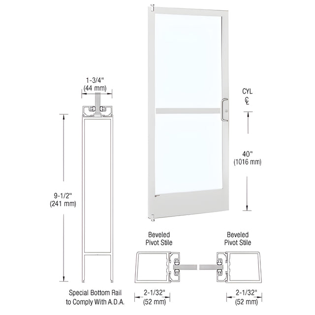 CRL-U.S. Aluminum White KYNAR® Paint 250 Series Narrow Stile (LHR) HLSO Single 3'0 x 7'0 Offset Hung with Pivots for Surf Mount Closer Complete Panic Door with Standard Panic and 9-1/2" Bottom Rail