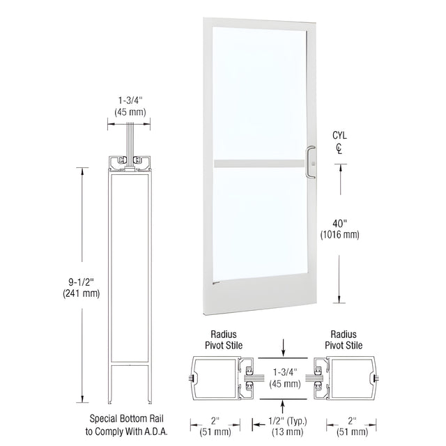 CRL-U.S. Aluminum White KYNAR® Paint 250 Series Narrow Stile (LHR) HLSO Single 3'0 x 7'0 Center Hung for OHCC w/Standard Push Bars Complete Panic Door with Std. Panic & 9-1/2" Bottom Rail