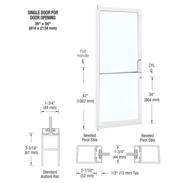 CRL-U.S. Aluminum White KYNAR® Paint 250 Series Narrow Stile (LHR) HLSO Single 3'0 x 7'0 Offset Hung with Pivots for Surf Mount Closer Complete Door Std. MS Lock & Bottom Rail