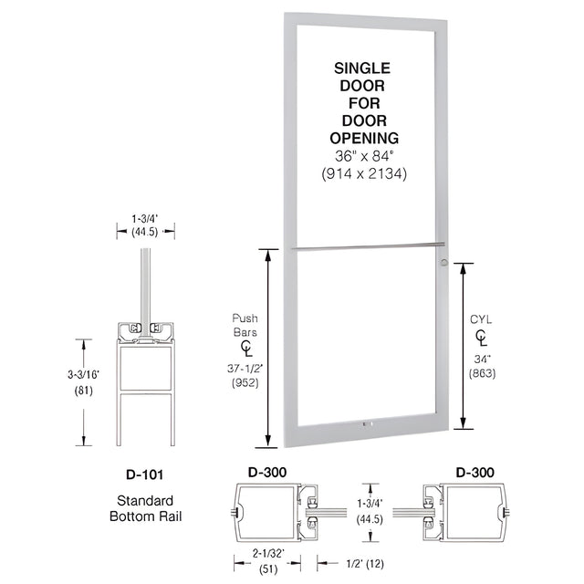 CRL-U.S. Aluminum White KYNAR® Paint 250 Series Narrow Stile (LHR) HLSO Single 3'0 x 7'0 Center Hung for OHCC w/Standard Push Bars Complete Door Std. MS Lock & Bottom Rail