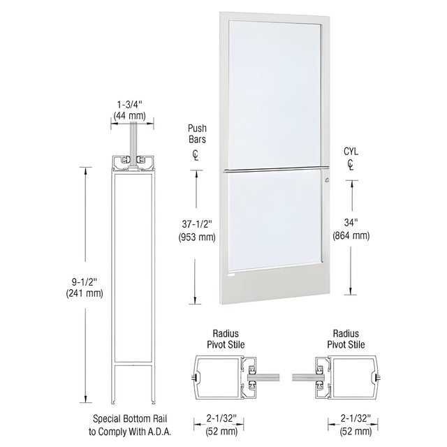 CRL-U.S. Aluminum White KYNAR® Paint 250 Series Narrow Stile (LHR) HLSO Single 3'0 x 7'0 Center Hung for OHCC w/Standard Push Bars Complete Door Std. Lock and 9-1/2" Bottom Rail