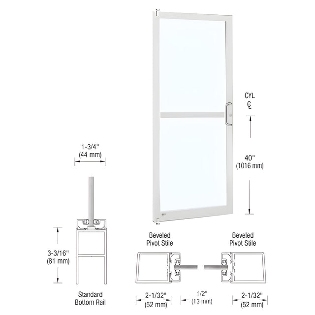 CRL-U.S. Aluminum White KYNAR® Paint 250 Series Narrow Stile (LHR) HLSO Single 3'0 x 7'0 Offset Hung with Pivots for Surf Mount Closer Complete Panic Door with Std. Panic and Bottom Rail