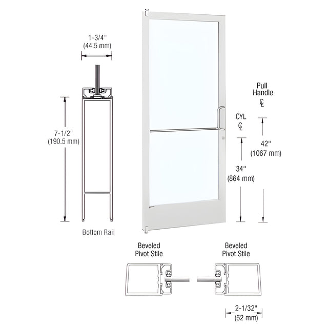 CRL-U.S. Aluminum White KYNAR® Paint 250 Series Narrow Stile (LHR) HLSO Single 3'0 x 7'0 Offset Hung with Pivots for Surf Mount Closer Complete Door/Std. MS Lock, 7-1/2" Standard Bottom Rail