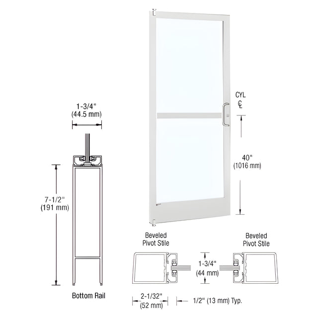 CRL-U.S. Aluminum White KYNAR® Paint 250 Series Narrow Stile (LHR) HLSO Single 3'0 x 7'0 Offset Hung with Pivots for Surf Mount Closer Complete Panic Door w/Std. Panic & 7-1/2" Bottom Rail