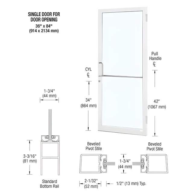 CRL-U.S. Aluminum White KYNAR® Paint 250 Series Narrow Stile (RHR) HRSO Single 3'0 x 7'0 Offset Hung with Butt Hinges for Surf Mount Closer Complete Door for 1" Glass with Standard MS Lock and Bottom Rail