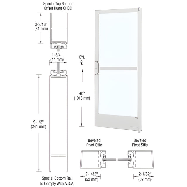 CRL-U.S. Aluminum White KYNAR® Paint 250 Series Narrow Stile (RHR) HRSO Single 3' x 7' Offset Hung with Offset Pivots for OHCC 105 Degree Closer Complete Panic Door with Standard Panic and 9-1/2" Bottom Rail