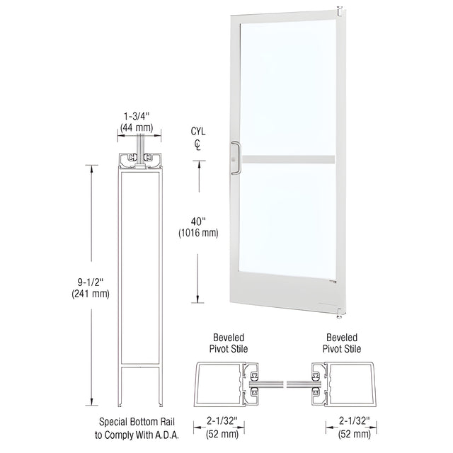 CRL-U.S. Aluminum White KYNAR® Paint 250 Series Narrow Stile (RHR) HRSO Single 3'0 x 7'0 Offset Hung with Pivots for Surf Mount Closer Complete Panic Door with Standard Panic and 9-1/2" Bottom Rail