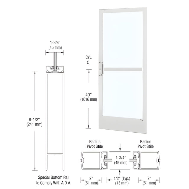 CRL-U.S. Aluminum White KYNAR® Paint 250 Series Narrow Stile (RHR) HRSO Single 3'0 x 7'0 Center Hung for OHCC w/Standard Push Bars Complete Panic Door with Std. Panic and 9-1/2" Bottom Rail