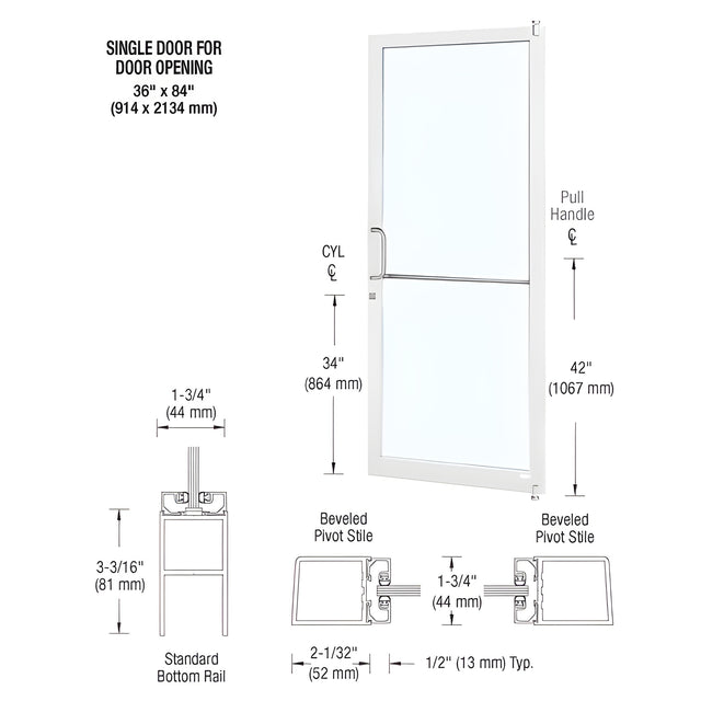 CRL-U.S. Aluminum White KYNAR® Paint 250 Series Narrow Stile (RHR) HRSO Single 3'0 x 7'0 Offset Hung with Pivots for Surf Mount Closer Complete Door Std. MS Lock & Bottom Rail