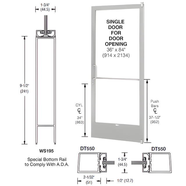 CRL-U.S. Aluminum White KYNAR® Paint 250 Series Narrow Stile (RHR) HRSO Single 3'0 x 7'0 Offset Hung with Pivots for Surf Mount Closer Complete Door Std. Lock and 9-1/2" Bottom Rail