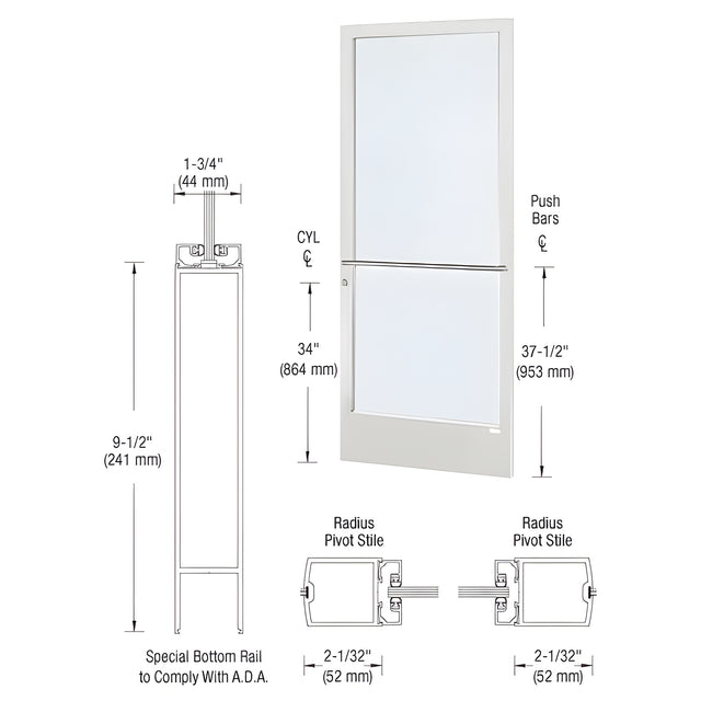 CRL-U.S. Aluminum White KYNAR® Paint 250 Series Narrow Stile (RHR) HRSO Single 3'0 x 7'0 Center Hung for OHCC w/Standard Push Bars Complete Door Std. Lock and 9-1/2" Bottom Rail