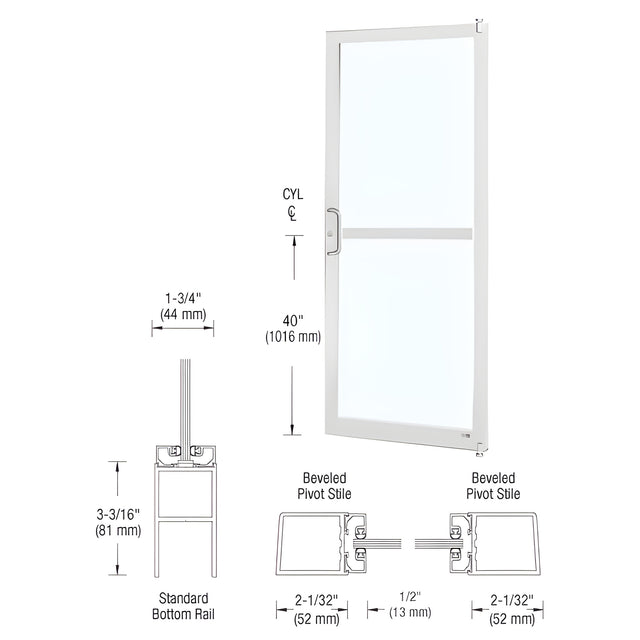 CRL-U.S. Aluminum White KYNAR® Paint 250 Series Narrow Stile (RHR) HRSO Single 3'0 x 7'0 Offset Hung with Pivots for Surf Mount Closer Complete Panic Door with Std. Panic and Bottom Rail