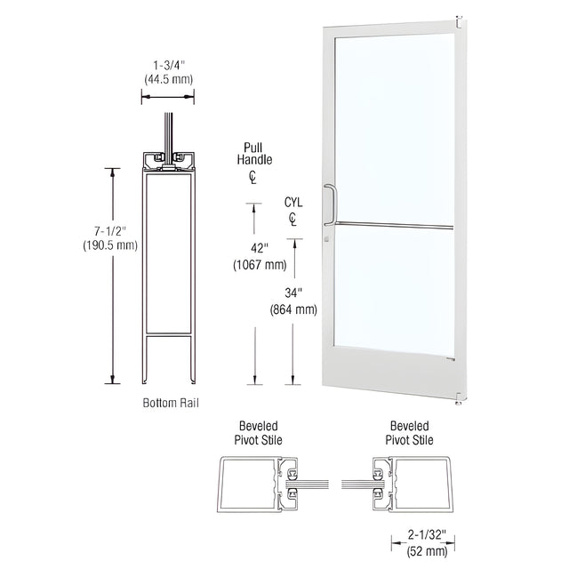 CRL-U.S. Aluminum White KYNAR® Paint 250 Series Narrow Stile (RHR) HRSO Single 3'0 x 7'0 Offset Hung with Pivots for Surf Mount Closer Complete Door/Std. MS Lock, 7-1/2" Standard Bottom Rail