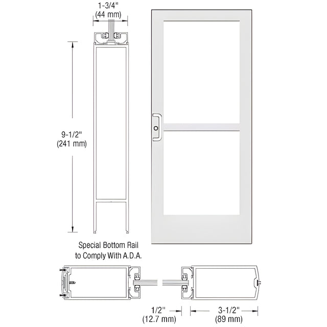 CRL-U.S. Aluminum White KYNAR® Paint 400 Series Medium Stile Active Leaf of Pair 3'0 x 7'0 Center Hung for OHCC w/Standard Push Bars Complete Panic Door with Std. Panic and 9-1/2" Bottom Rail