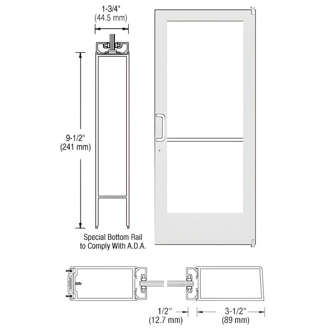 CRL-U.S. Aluminum White KYNAR® Paint 400 Series Medium Stile Active Leaf of Pair 3'0 x 7'0 Offset Hung with Pivots for Surf Mount Closer Complete Door Std. Lock and 9-1/2" Bottom Rail